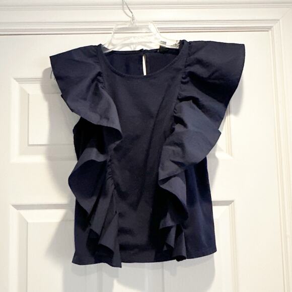 J Crew Navy Blue Ruffle Front Top G5502 Preppy Cotton Blouse Extra Small Shirt - Picture 3 of 12